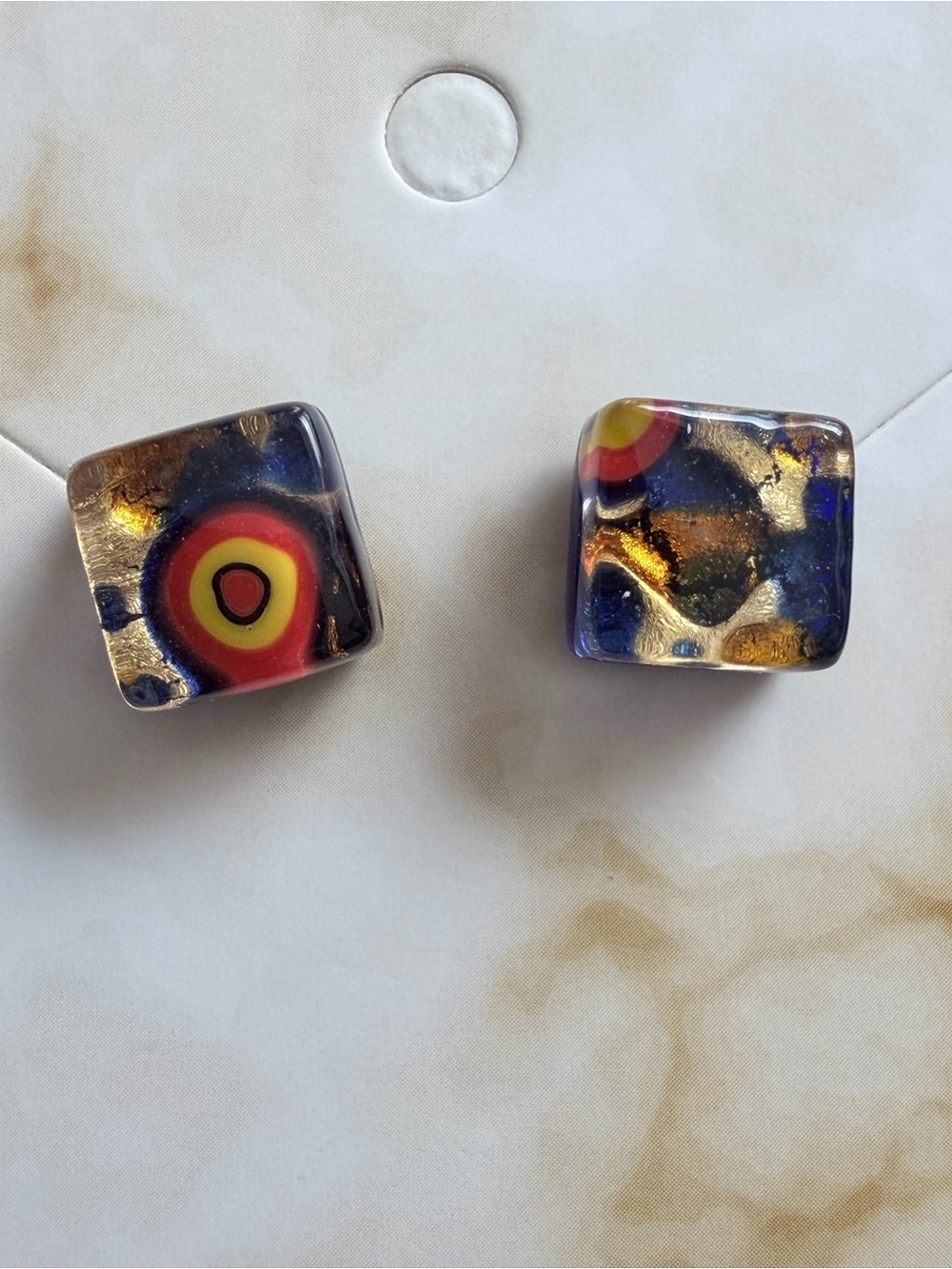 Murano Millefiori Art Glass Square Stud Earrings Gold Foil Aventurine Cobalt Red